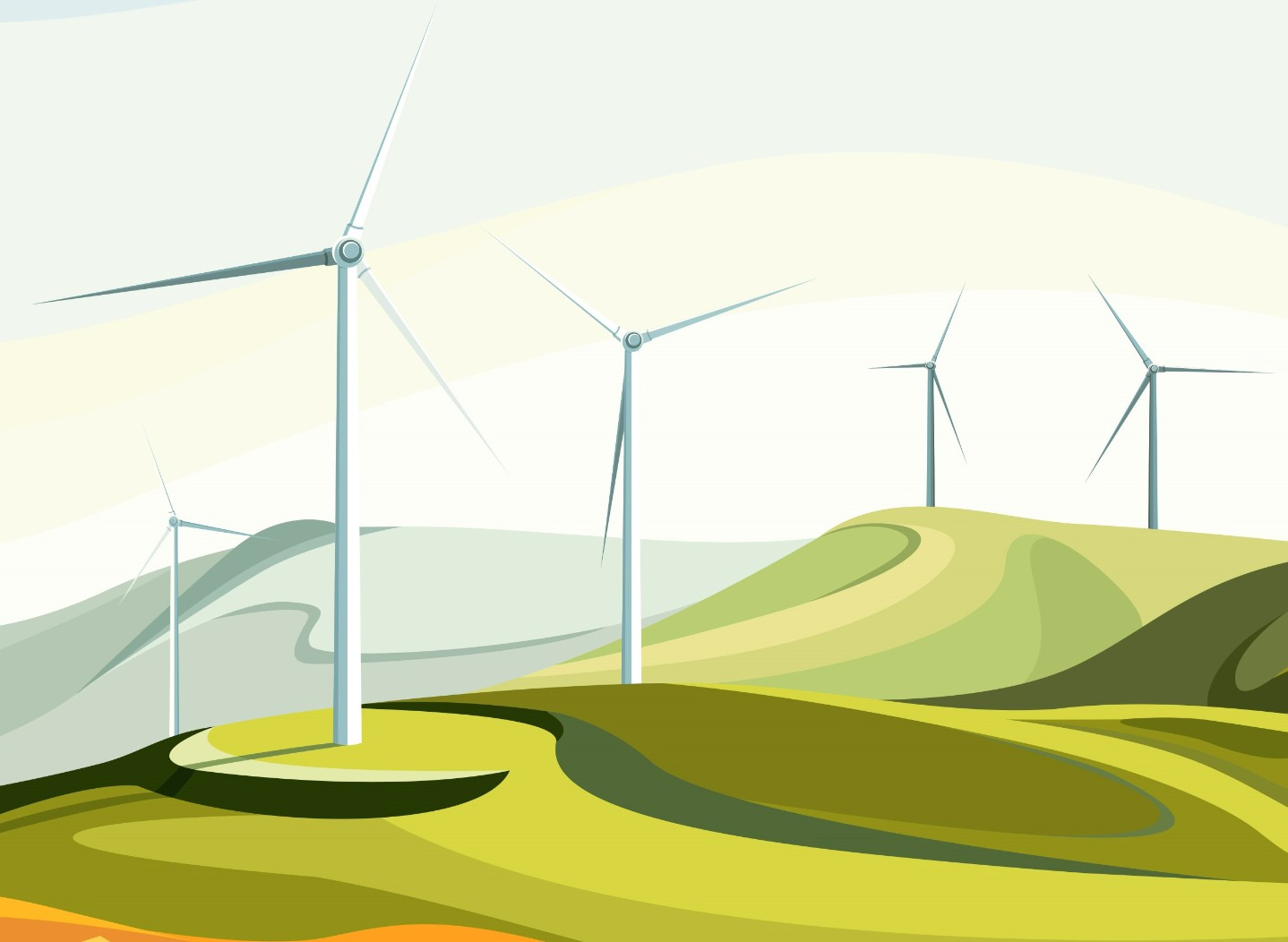 Illustration of woman riding a bike with wind farms and solar panels in the background